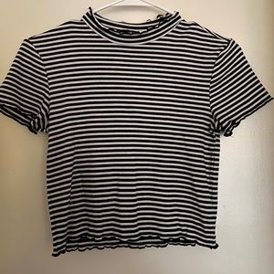 Striped black and white mock neck crop top